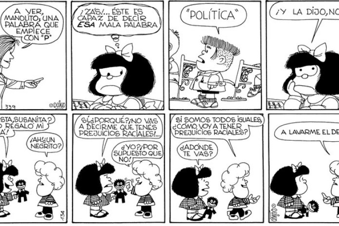 Mafalda y un par de sus tiras.