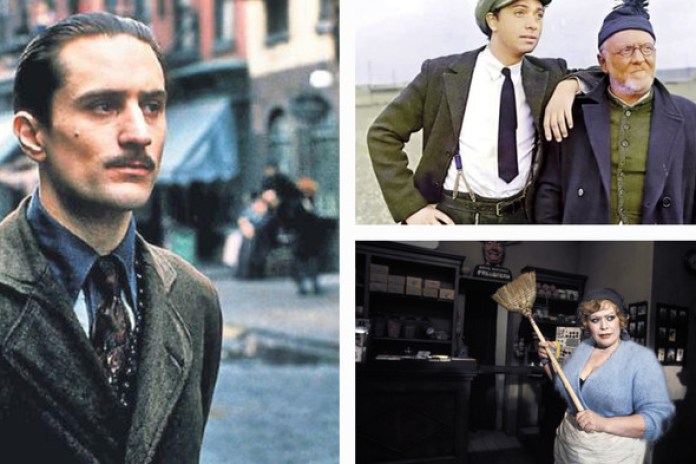 Tres de las diez: De Niro en "El Padrino II", Brandoni y Soriano en "La Patagonia rebelde" y la pechugona de "Amarcord". Fotos Archivo Clarín
