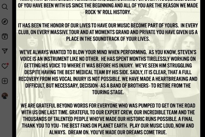 El comunicado de Aerosmith en sus redes, anunciando que no harán más giras.