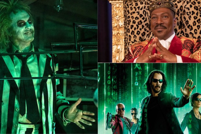 "Beetlejuice Beetlejuice", que estrenó el jueves, Eddie Murphy en "Un príncipe en Nueva York 2", y Keanu Reeves en "Matrix Resurrecciones". Fotos Archivo Clarín