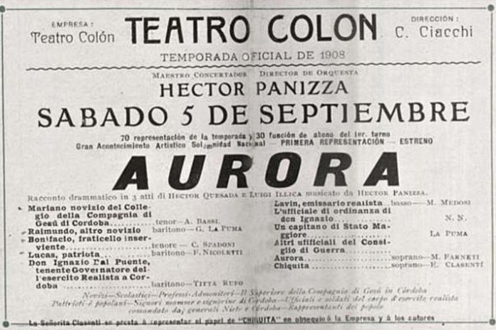 El programa de "Aurora", para su estreno de 1908, en el Teatro Colón.